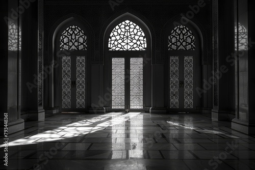 Islamic picture in black. into the interior of the Islamic mosque. Muslim Holy Month Ramadan Kareem .Ramadan Mubarak beautiful greeting card . Abstract background islamic - generative ai