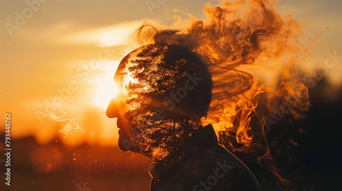 A powerful image of a senior man's silhouette against a setting sun, with parts of his head turning into wisps of smoke and drifting away, evoking the sense of losing parts of oneself.