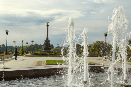 View of the alley of fountains and the monument in Yaroslavl, Russia