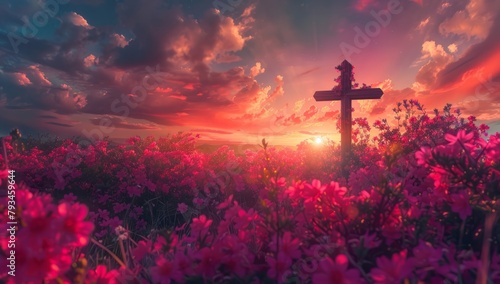 Ascension Day, beautiful cross in the distance with vibrant pink and red flowers, sunset, cinematic photography