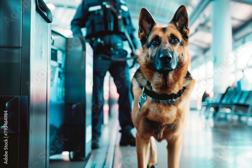 Security agent with a police dog in the scanners at the airport security control