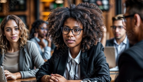 Serious african american businesswoman in eyeglasses sitting at table in office