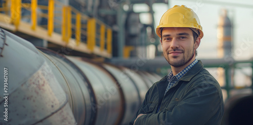 Sewer builder standing next to a pipe on a construction site, close up portrait of smiling worker in helmet near large industrial pipe