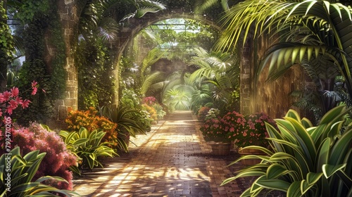A lush green garden with a path leading through it