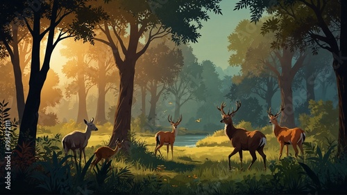 herd of deer in sunset