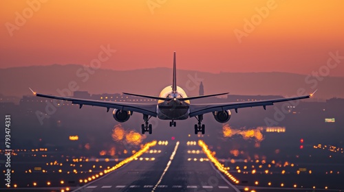 A large jetliner taking off from an airport runway at sunset or dawn with the landing gear down and the landing gear down, as the plane is about to take off. from behind
