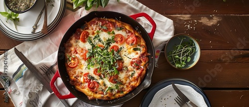 On an aged kitchen counter, a hotly browned handmade pepperoni pizza is laid out in a cast-iron pan completely of the oven and space, Generative AI.