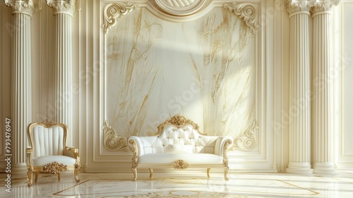 Luxurious classical interior design with golden accents and marble walls