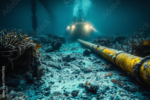 A view of underwater fiber optical cable installation in ocean with a diver working in wire in backdrop with space for text, Generative AI.
