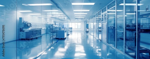Modern, blue-toned laboratory with glass walls and shiny floors.