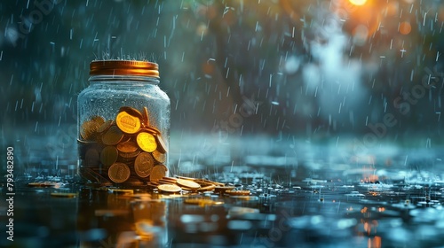 Show Emergency Funds and Preparedness, depicting a rainy day fund in a literal or figurative storm
