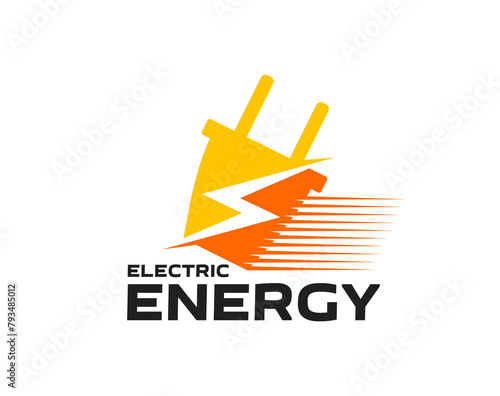 Electric energy icon featuring stylized plug merging into a dynamic lightning bolt, symbolizing power, efficiency and modern electrical solutions. Isolated vector emblem in red and orange colors