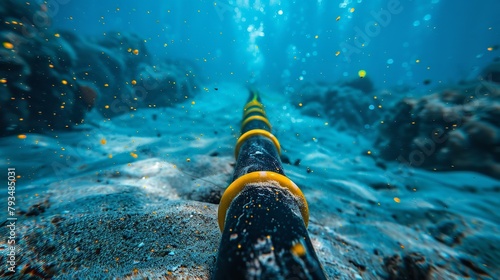 A view of underwater fiber optical cable installation in ocean with a diver working in wire in backdrop with space for text, Generative AI.