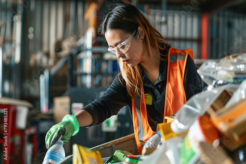 Manager oversees waste reduction efforts, employees sorting recyclables, composting organic waste in waste recycling factory.
