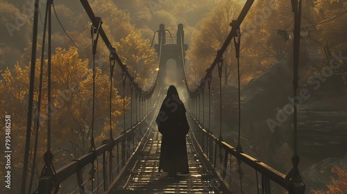 A silent, 4K HD dramatic scene of a nun standing heroically on a suspension bridge, deflecting a 500kg bomb dropped from above, preserving the structure