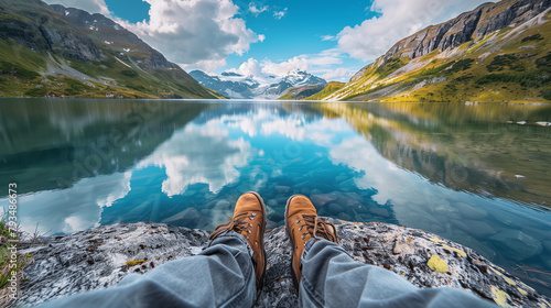 Adventurer's Boots Overlooking Serene Mountain Lake, Travel Concept
