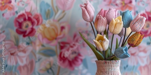 Over an elegant pastel setting, a vivid hand-knitted tulip in a knitted flower vase eye soothing for mother's day and space, Generative AI.