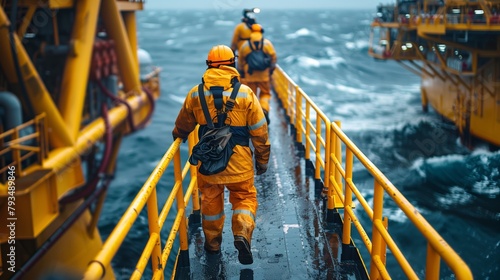 Workers in protective gear walk along an offshore platform, bracing against the rough seas, epitomizing the challenging conditions of oil extraction.