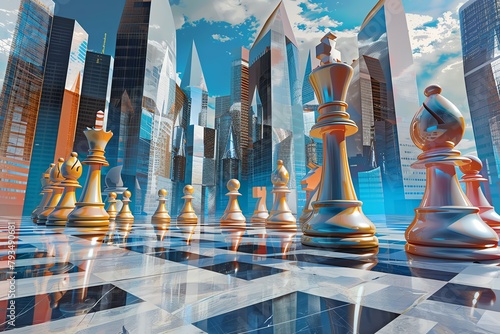 Depict a abstract chessboard where the pieces are towering skyscrapers, showcasing the cutthroat nature of business competition and strategic maneuvers