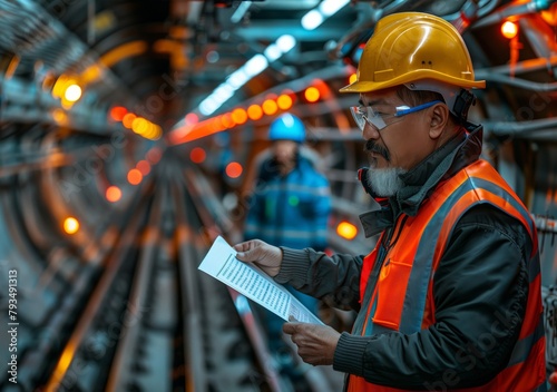 Engineer wearing safety gear is reading documents while standing in a brightly lit subway tunnel with the glow of approaching train lights in the background.