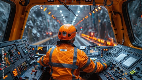 Train Driver Operating High-Speed Rail Dashboard. Train driver in an orange safety suit is focused on operating a complex dashboard inside the cockpit of a high-speed electric train.