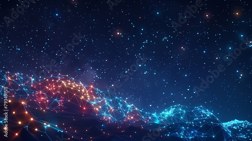 Neon constellations mapped over a low poly night sky, illustrating the celestial network of digital communication