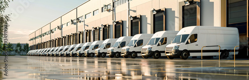 A fleet of delivery vans lines up outside a distribution center, ready to transport packages to customers.