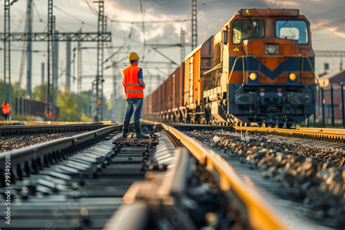 Railway engineers inspect tracks as a freight train passes by, meticulous maintenance, safe and efficient rail transportation.