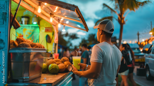 A man wearing a hat is holding a glass of coconut juice in front of a food truck in the evening. A close-up image of a client buying a drink on a blurred background in summertime.