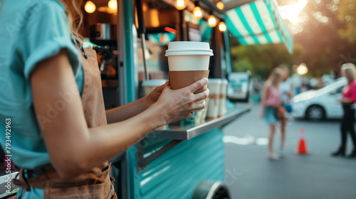 A happy coffee shop owner standing beside a green food truck is holding a cup of hot coffee to send to a client.