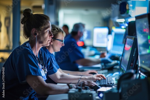 Professional Photography of a team of healthcare workers working late into the night to provide patient care and support, Generative AI