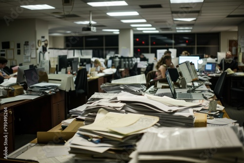 Professional Photography of employees staying late to complete a project deadline, with piles of paperwork and laptops strewn across desks, Generative AI