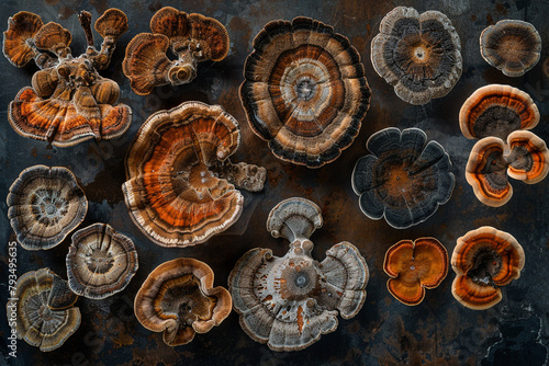 An image of a meticulously arranged set of fungal spore prints on a dark background, showcasing the diversity and beauty of fungal reproduction structures.