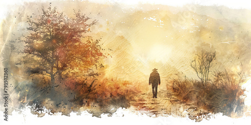 The Pilgrim's Path and Journey of Faith - Visualize a pilgrim walking a path of faith, illustrating the journey of faith that can provide solace and direction during times of sadness.