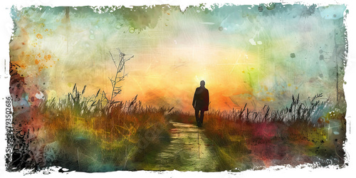 The Pilgrim's Path and Journey of Faith - Visualize a pilgrim walking a path of faith, illustrating the journey of faith that can provide solace and direction during times of sadness.