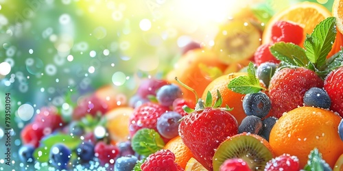 Lots of mixed fruits kept on a clean surface with a blurry backdrop to make mixed fruit juice, a juicy ripe fruits backdrop with a big space for text or product advertisement, Generative AI.