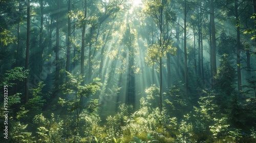 The forest scene showcases towering pines, dense underbrush, natural tranquility, and filtered sunlight