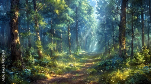 Scene features tall pines, deciduous trees, dense underbrush, filtered sunlight, embodying natural tranquility