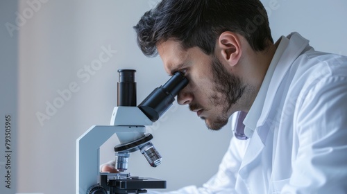 A biotech researcher in lab attire, examining samples under a microscope, appearing focused and curious, against a clean, white background, styled as an innovative scientific corporate study.