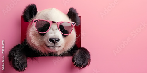 Cute panda with sunglasses in a box on a pink background