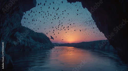Bats Flying Out of Cave at Sunset. Silhouetted against a purple sunset, a swarm of bats exits a cave, taking to the evening sky in a natural spectacle.