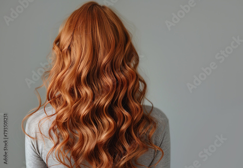 Young woman with long curly ginger hair on gray background, back view.