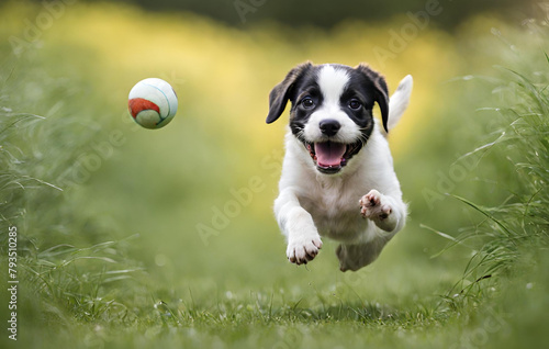 A playful little dog chasing a red ball in a green field 