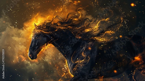 An AI generated illustration of a black horse with golden flames