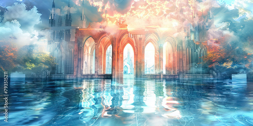 The Flooded Sanctuary and Cleansing Waters - Visualize a flooded sanctuary being cleansed by waters, symbolizing purification and renewal of faith