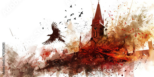 The Collapsed Steeple and Rising Hope - Picture a collapsed steeple with a phoenix rising from the ashes, symbolizing hope and renewal emerging from destruction