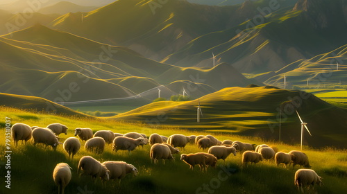 Landscape sunset in green mountains where sheep graze