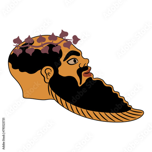 Head in profile of a bearded ancient Greek Satyr wearing ivy wreath. Vase painting style. Isolated vector illustration.