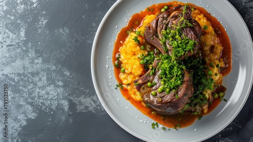 Luxurious presentation of Osso Buco, richly braised in a white wine broth, paired with Risotto Milanese, and fresh Gremolata, set against an isolated background, studio lighting