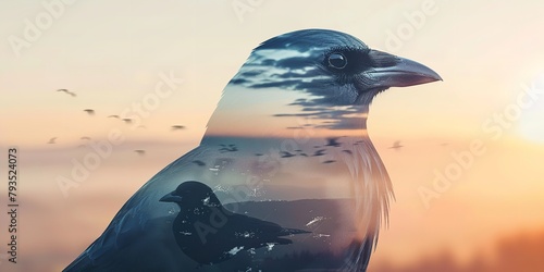 A double exposure of birds shot in a vivid mountain at dawn environment, with the birds soaring over a white backdrop and space, Generative AI.